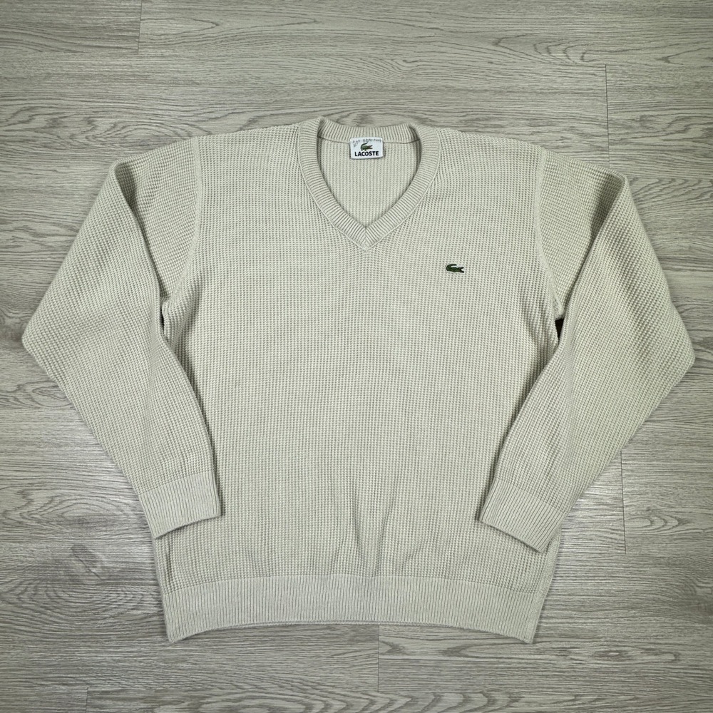 Lacoste Mens Sweater V-Neck Waffle Knit Tan Beige Size‎ 3 Logo Pullover